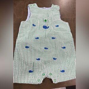Little Me Green and White Striped Overalls 9M